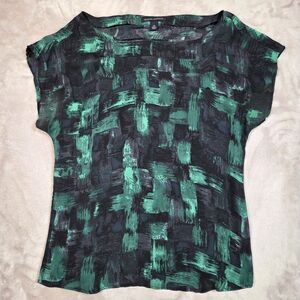 Banana Republic Silk Blouse XS Green Black Abstract Cap Sleeve